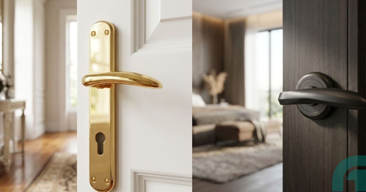 Two doors with contrasting handles: a gold polished lever on a white door in a bright entry area and a dark metal lever on a dark wooden door in a cozy bedroom.