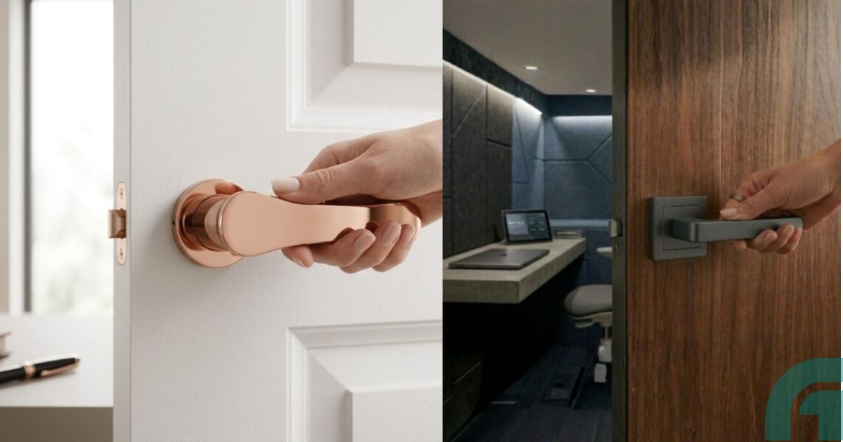 Alloytek - What to actually look for in a main premium mortise handle - Alloytek Two doors with modern handles: rose-gold lever on a white door (left) and gray lever on a wooden door (right).