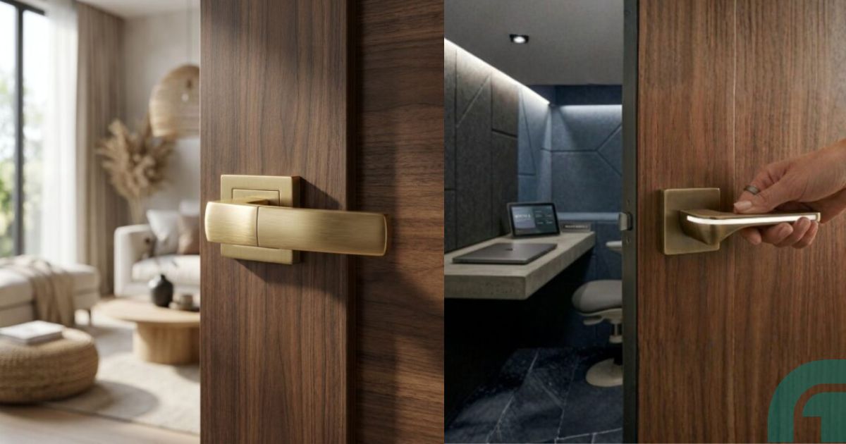 Door handle on a wooden door with two scenes: left shows a bright living room, right shows a modern clinic-like workspace with a desk and chair.