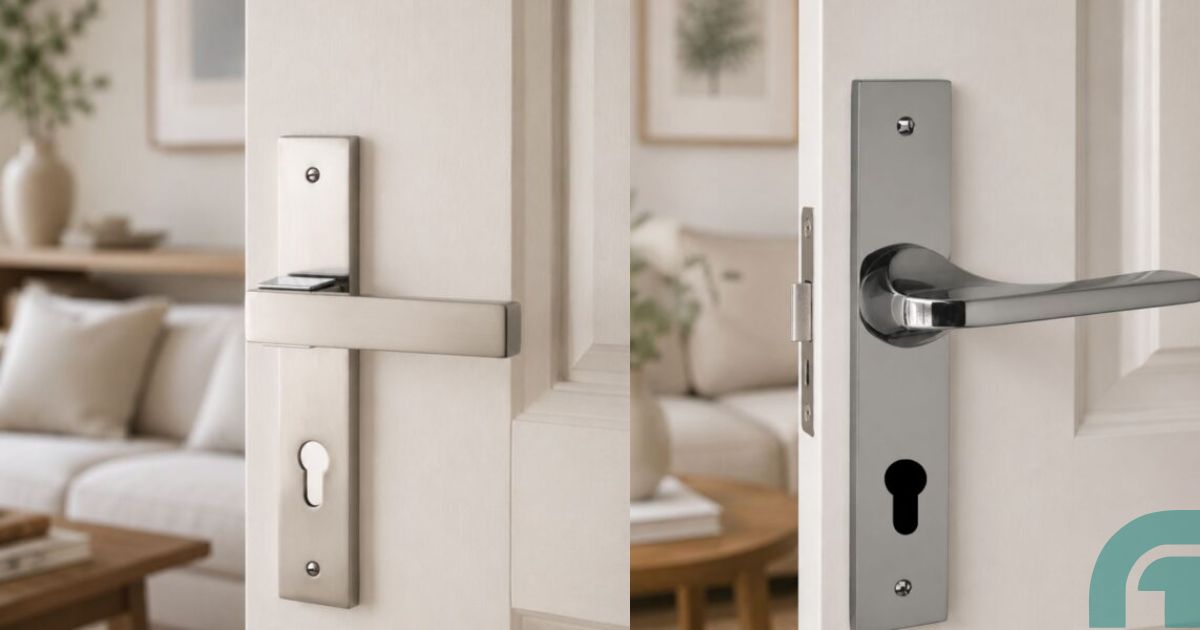 Two modern door hardware setups shown side by side on white doors, with a living room visible in the background.