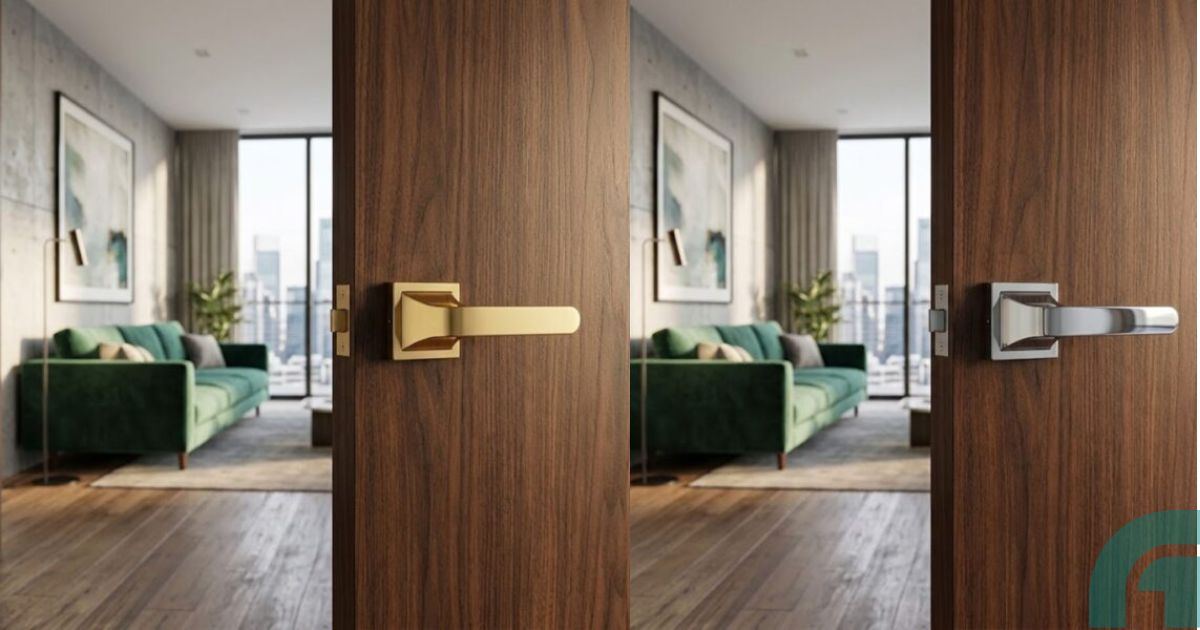 Double doors open to a modern living room with a green sofa and city skyline visible through large windows.