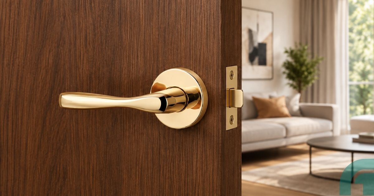 Gold door lever on a dark wood door with a bright living room visible beyond.