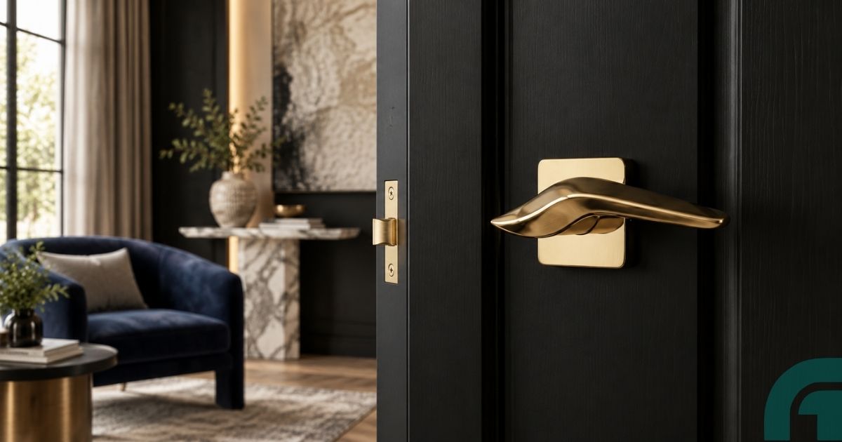 Open black door with gold handle revealing a chic living room: blue velvet sofa, marble table, and greenery.