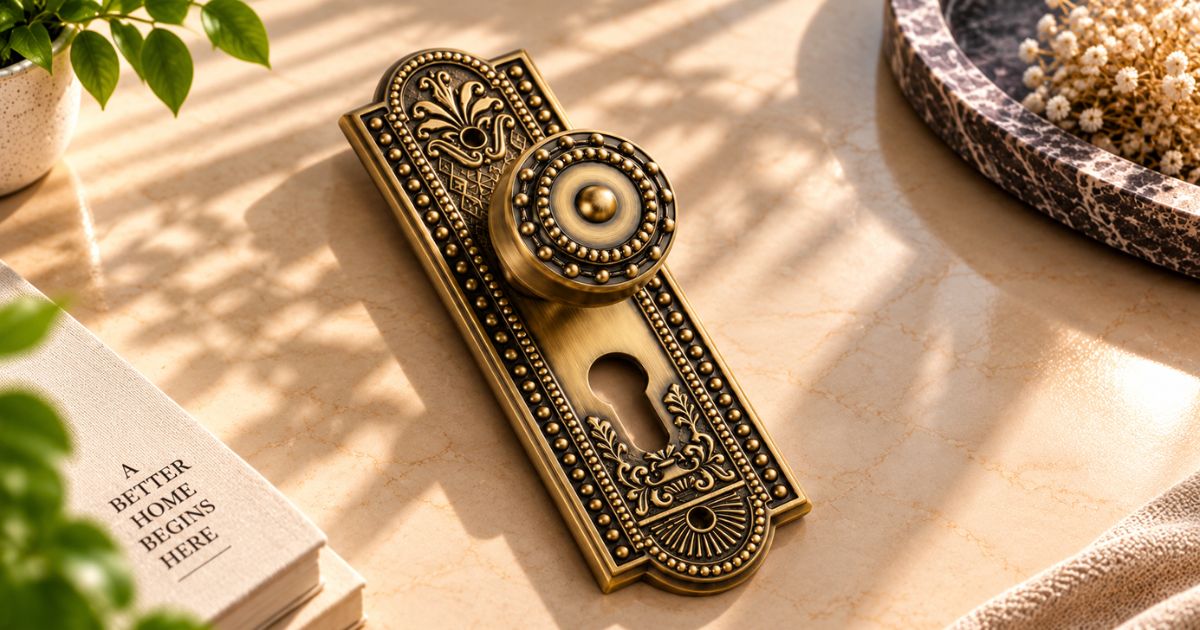 Alloytek - Brass Door Knob Plate Sets and Why the Backplate Matters - Alloytek Ornate antique brass door handle with beaded trim and floral engravings on a marble surface, beside a plant and a book that says 'A Better Home Begins Here'.