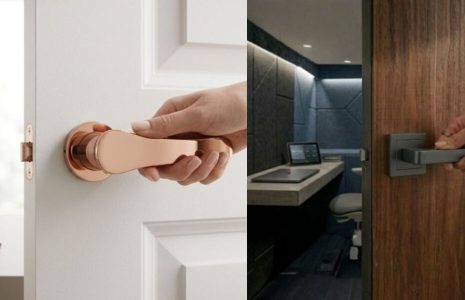 Two doors with modern handles: rose-gold lever on a white door (left) and gray lever on a wooden door (right).