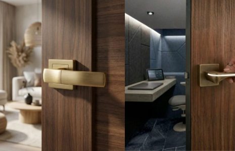 Door handle on a wooden door with two scenes: left shows a bright living room, right shows a modern clinic-like workspace with a desk and chair.