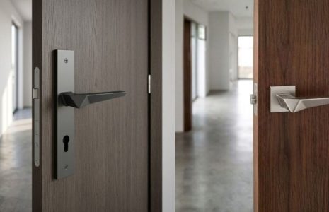 Two interior doors with modern brushed-metal lever handles; left door edge-on, right door open in a bright hallway.