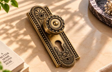 Ornate antique brass door handle with beaded trim and floral engravings on a marble surface, beside a plant and a book that says 'A Better Home Begins Here'.